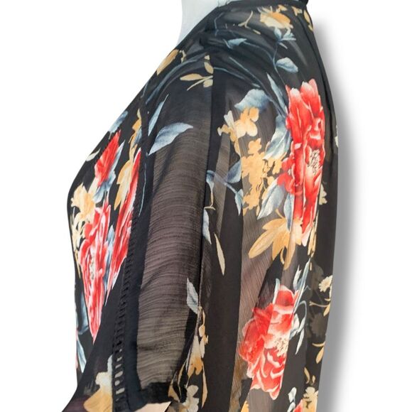 Band of Gypsies Black Sheer Red Floral Kimono Duster Swim Cover Up Short Sleeve - Picture 6 of 12